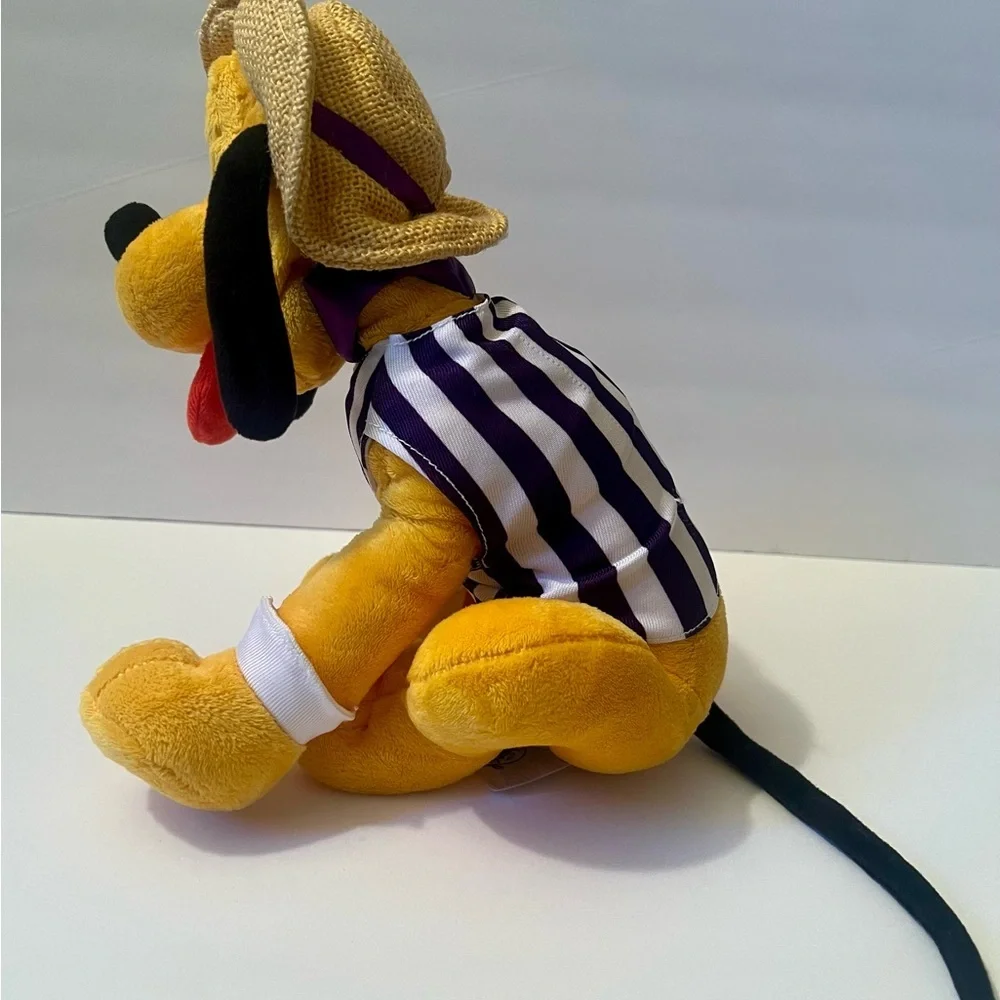Disney Parks Pluto Plush w/ Straw Hat & Purple Striped Vest Stuffed Animal